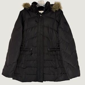 Black Down Fill Puffer Parka‎ Jacket Faux Fur Hood Sz M Gorpcore Quilted Snow